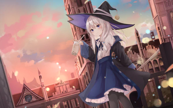 Elaina from Wandering Witch: The Journey of Elaina, with white hair and blue eyes, wearing a witch hat in a detailed anime cityscape at sunset, HD desktop wallpaper.