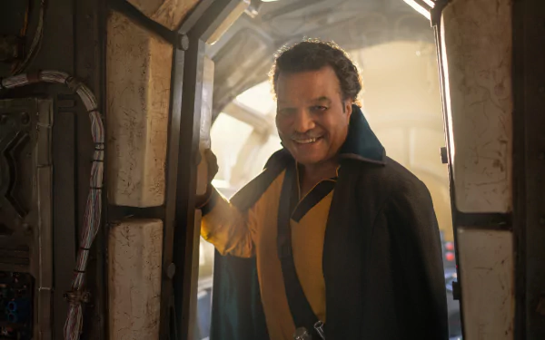 Lando Calrissian smiling in a starship doorway, cinematic portrait from Star Wars: The Rise of Skywalker — 8K Ultra HD PC desktop wallpaper