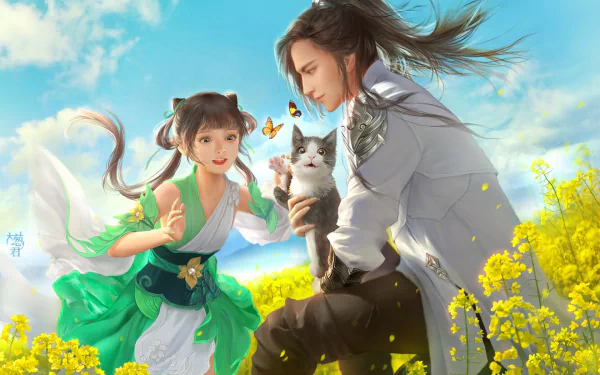 Anime-style HD PC wallpaper featuring a girl and a boy with an anime cat in a vibrant rapeseed field, accompanied by fluttering butterflies under a bright sky.