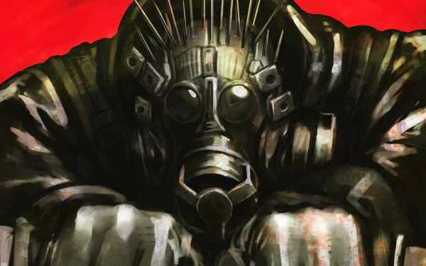 HD PC desktop wallpaper featuring Kaiman from the anime Dorohedoro, showcasing his distinct mask and dark, gritty aesthetic against a bold red background.