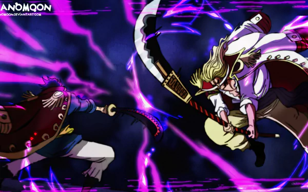 Epic 8K Ultra HD One Piece wallpaper featuring Edward Newgate and Gol D. Roger clashing amidst vibrant purple lightning effects.