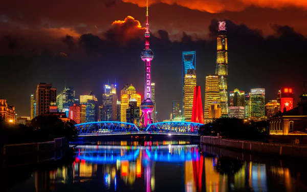 Oriental Pearl Tower skyscraper city night building China river bridge man made Shanghai HD Desktop Wallpaper | Background Image