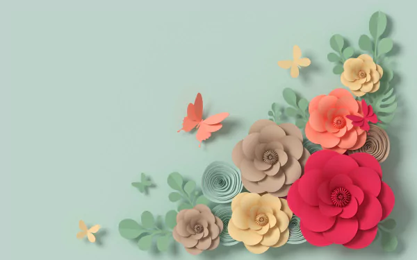 A pastel, colorful floral and butterfly design creates an artistic 4K Ultra HD PC desktop wallpaper with layered paper flowers and soft green leaves.