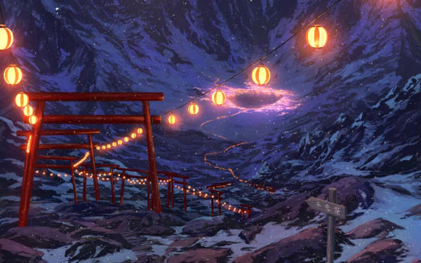Anime-style HD desktop wallpaper showing a snowy mountain lake scene with glowing lanterns, a red temple torii gate, and a wooden sign under soft snowfall at night.
