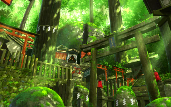 Anime-style 2K Quad HD PC desktop wallpaper: mossy stone stairs winding through a verdant forest, red torii gates and wooden temple shrines bathed in dappled sunlight.