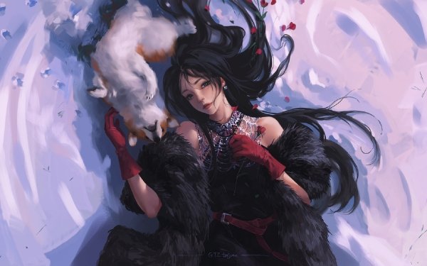 Fantasy Women Snow Dog Lying Down Winter HD Wallpaper | Background Image