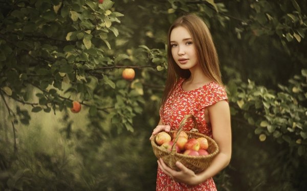 Women Model Redhead Apple Dress Basket Fruit Depth Of Field HD Wallpaper | Background Image