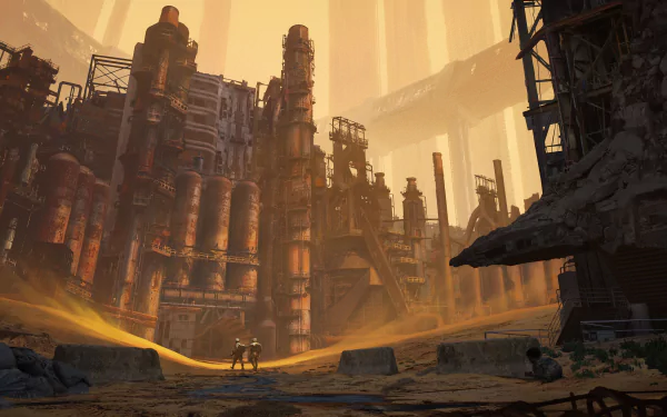 Post-apocalyptic sci-fi landscape with towering industrial ruins under an orange sky, rendered in detailed 4K Ultra HD for PC desktop wallpaper.