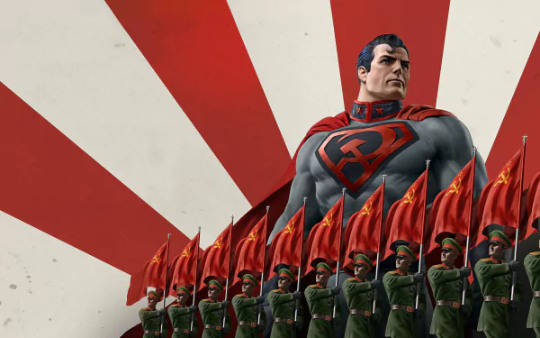 4K Ultra HD PC wallpaper of Superman from the movie Superman: Red Son — Soviet Superman before a red sunburst, leading ranks of uniformed soldiers holding red flags.