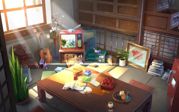 A cozy anime-themed room with a window letting in sunlight, featuring a guitar, vintage TV set, plants, and a cluttered table, all in vibrant 4K Ultra HD detail.