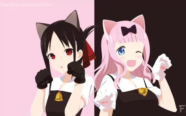 HD minimalist wallpaper featuring Kaguya Shinomiya and Chika Fujiwara from Kaguya-sama: Love is War anime, dressed as cat girls with a playful split background of pink and black.