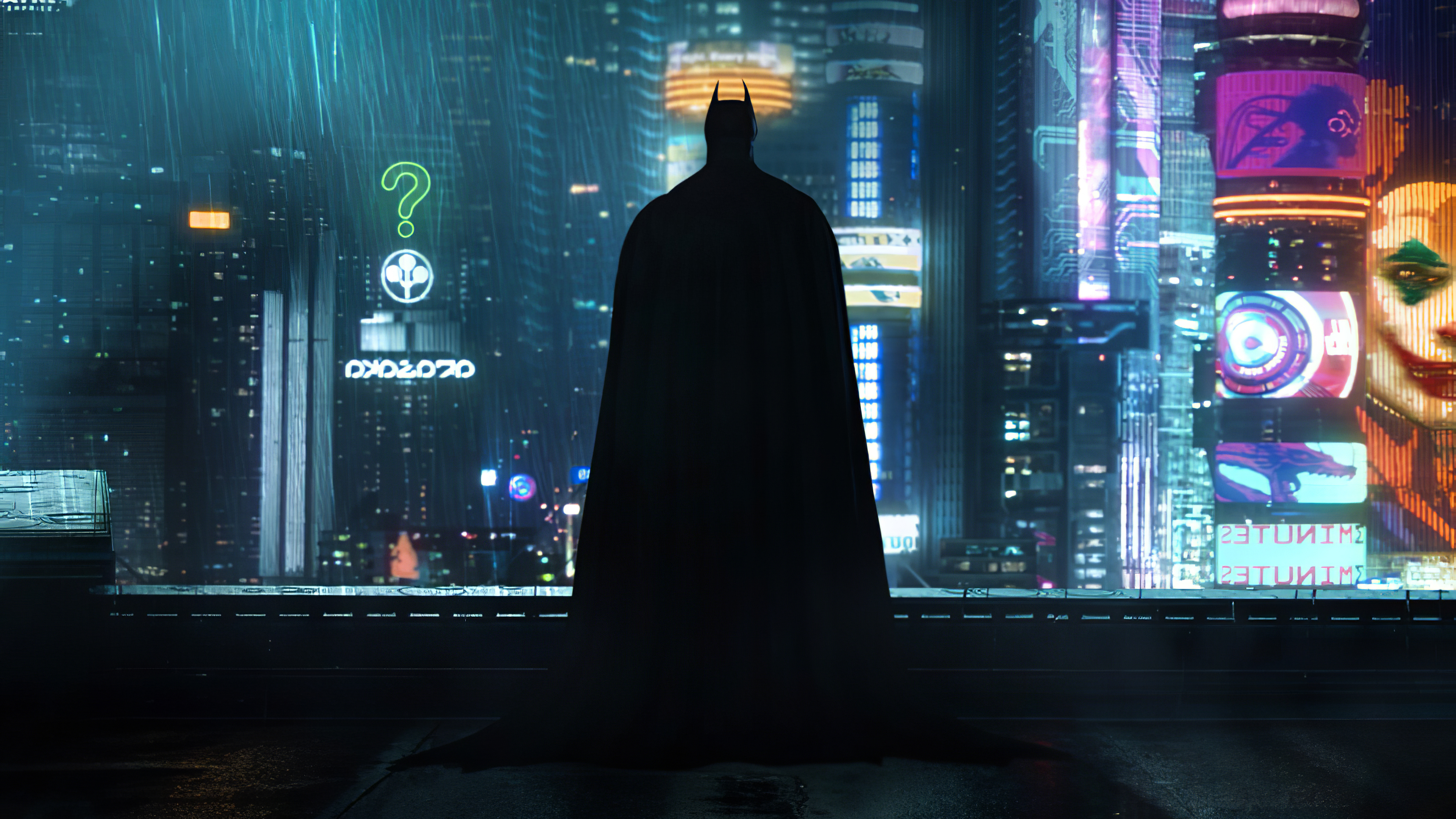 Silhouette of Batman staring out at Gothem city by Mizuri