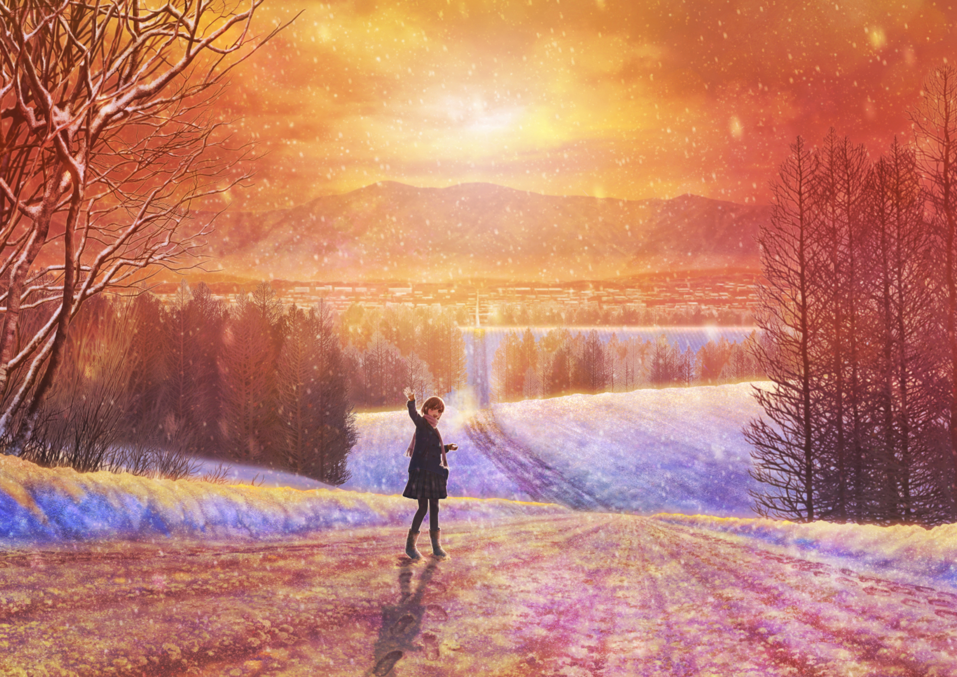 Anime girl waving goodbye as she leaves down a long, snowy road by Kupe