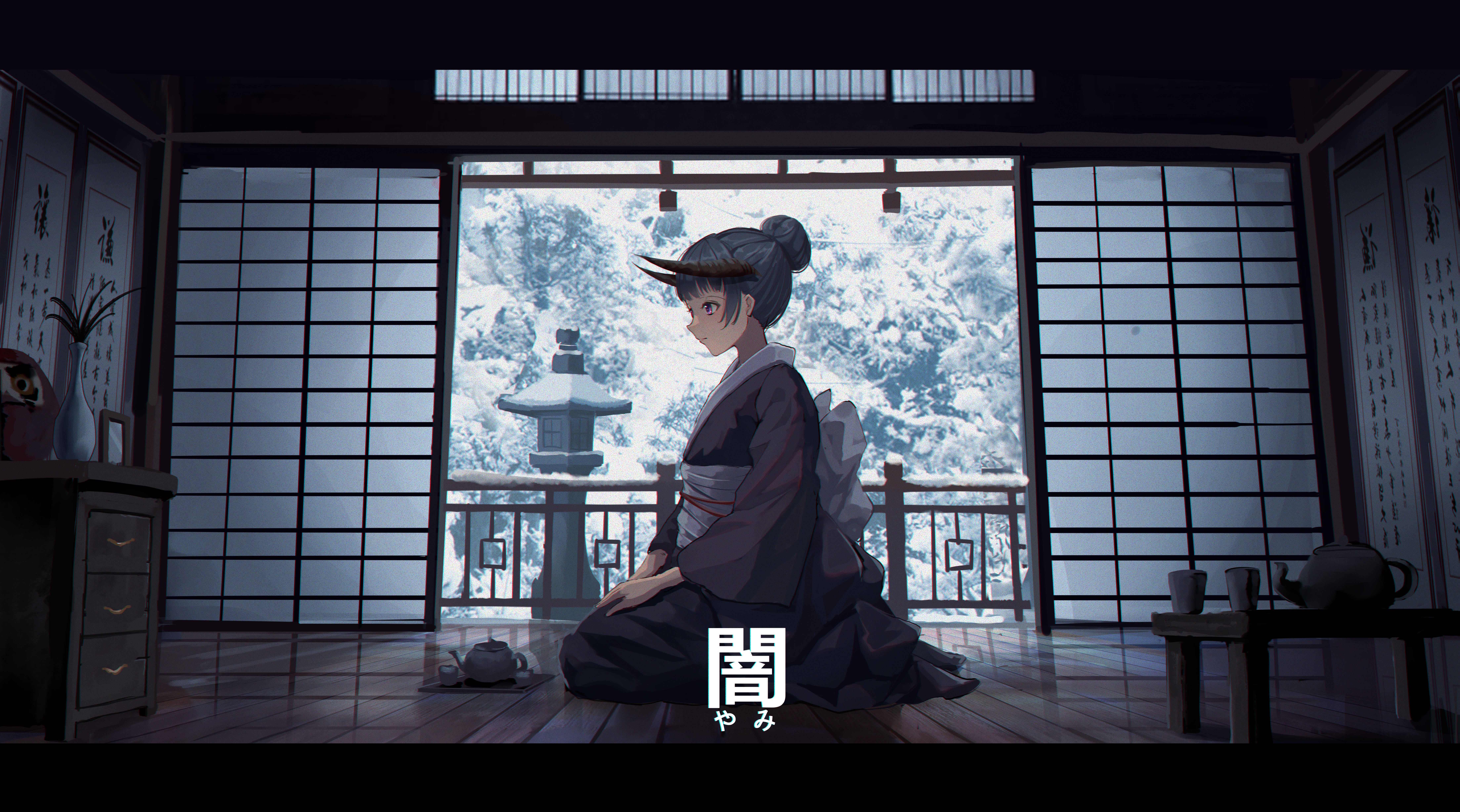 Horned anime girl in a Kimono by Qi==Qi