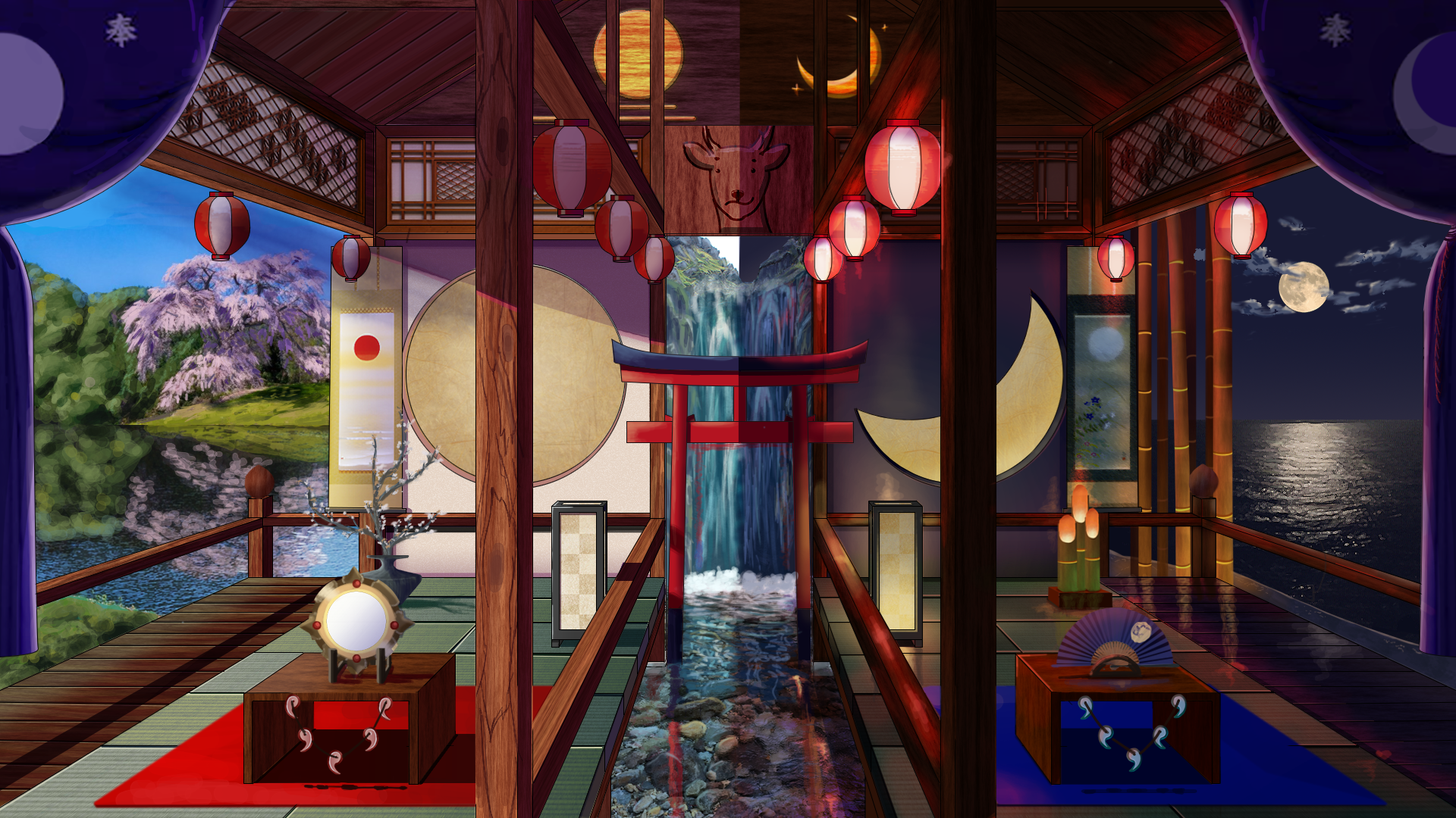 HD desktop wallpaper of an anime-inspired room featuring lanterns, a torii gate, a waterfall, and scenic views of a cherry blossom tree and the moonlit ocean.