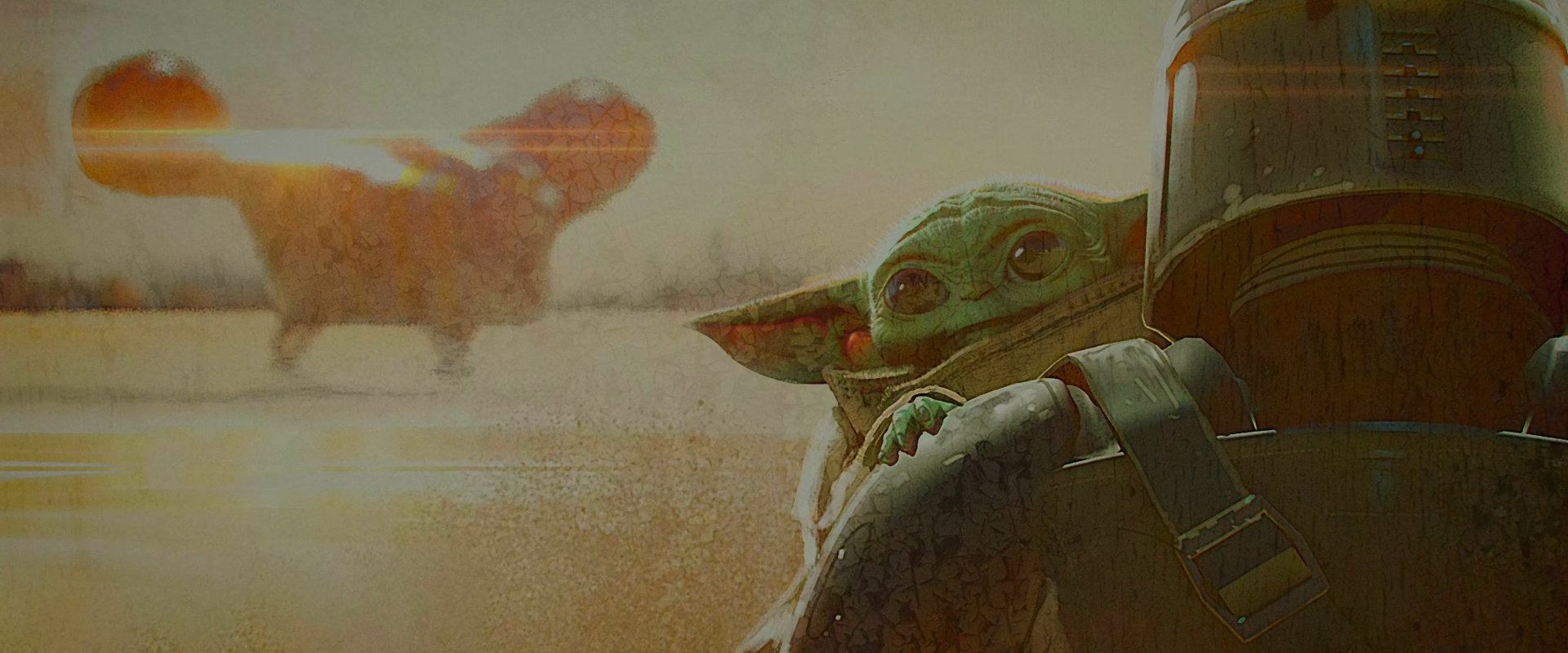 Grogu (Baby Yoda) from The Mandalorian peeks from the Mandalorian's shoulder against a sunlit desert — 2K Quad HD PC desktop wallpaper and background.