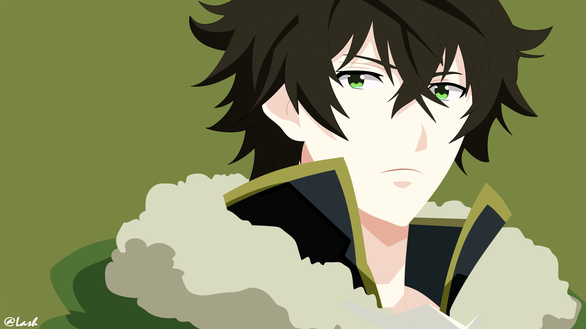 8K Ultra HD anime wallpaper featuring Naofumi Iwatani from The Rising of the Shield Hero with detailed shading and a contemplative expression on a minimal background.