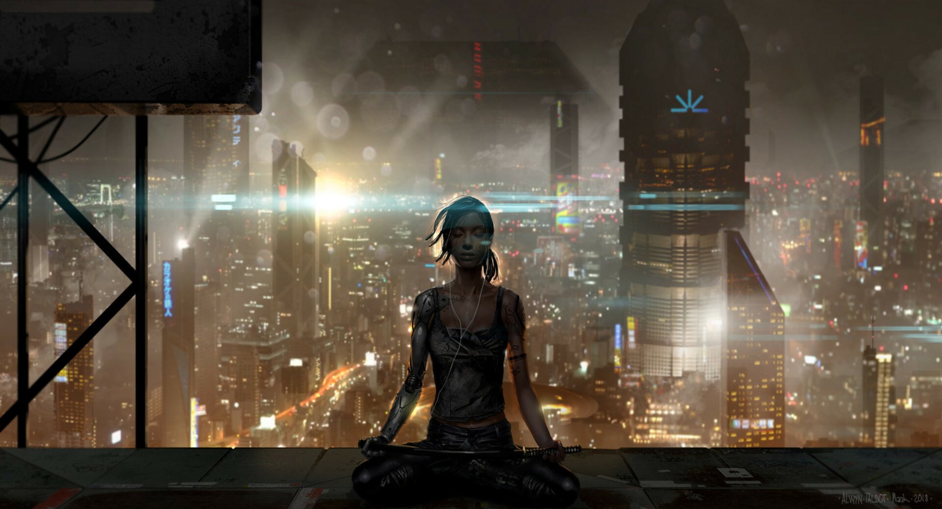 Download Cyborg Skyscraper City Katana Cityscape Sci Fi Woman Warrior Sci Fi City HD Wallpaper by Alwyn Talbot