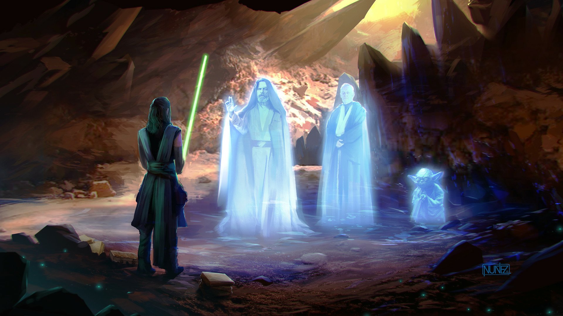 HD PC desktop wallpaper featuring Rey with a green lightsaber facing holograms of Luke Skywalker, Yoda, and a Jedi from Star Wars: The Last Jedi.
