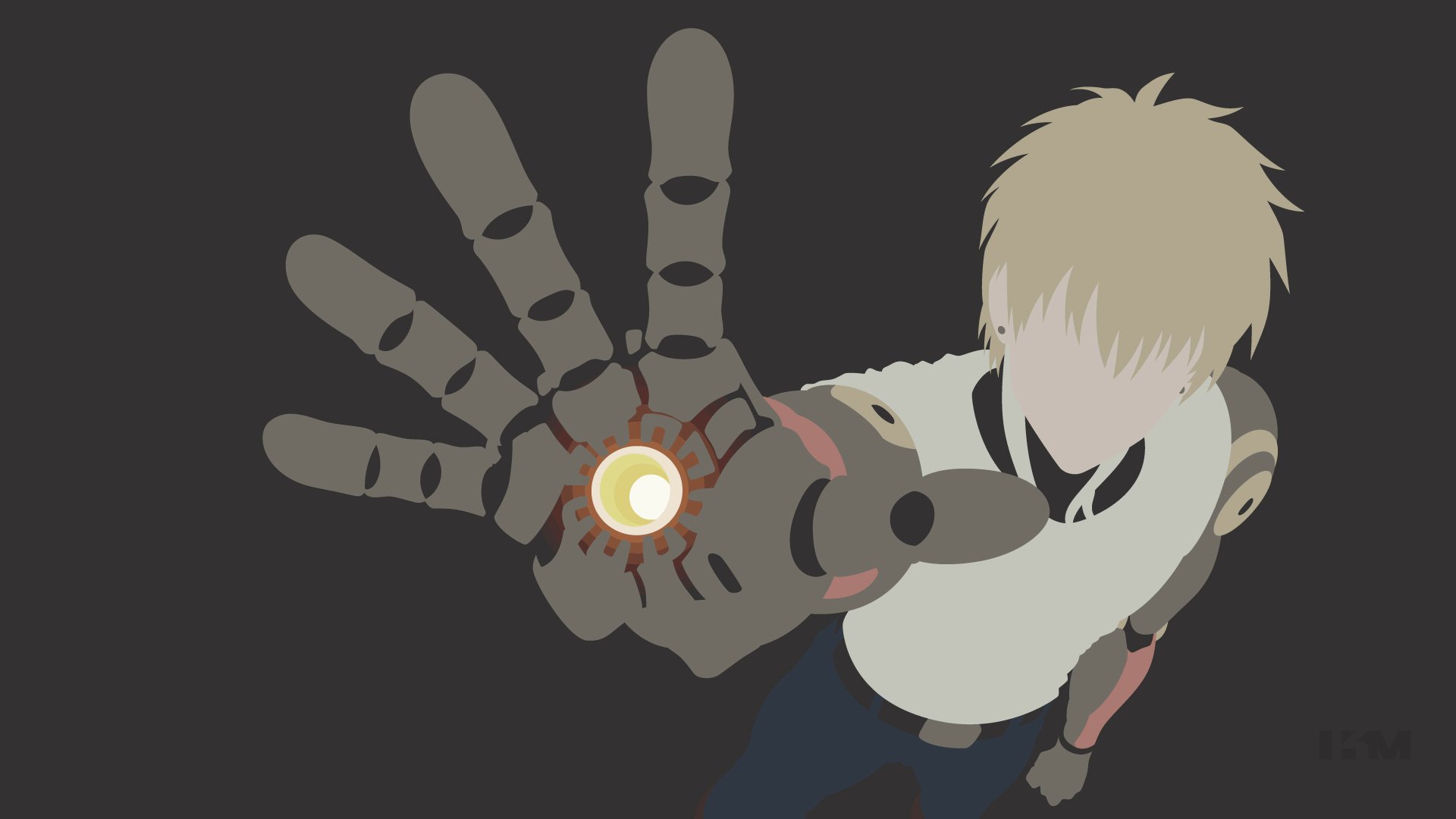 4K Ultra HD anime wallpaper featuring Genos from One-Punch Man with his hand extended, showcasing his robotic design against a dark background.