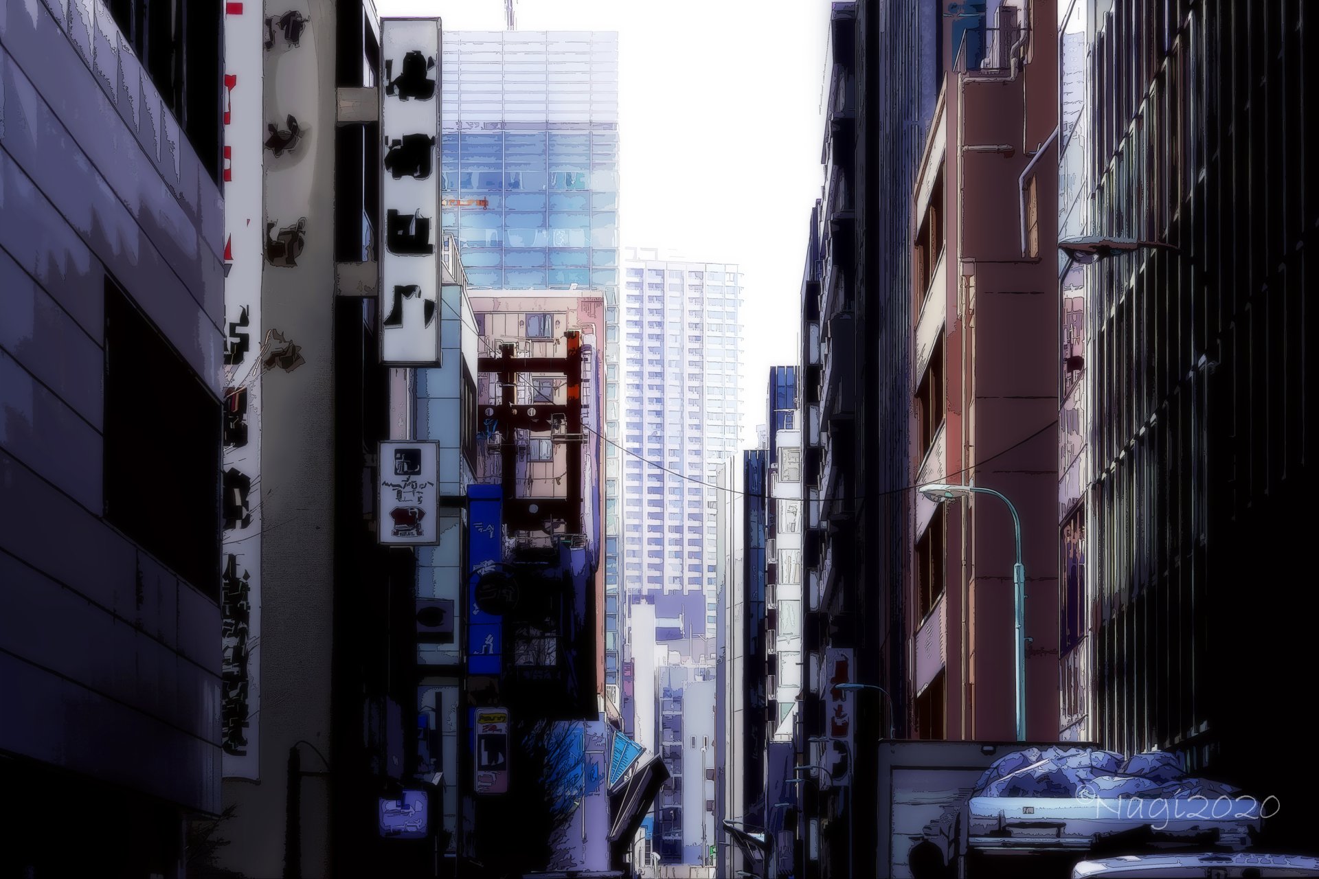 HD anime cityscape wallpaper showing a narrow urban street framed by tall buildings with a modern skyscraper in the background, capturing a vibrant city atmosphere.