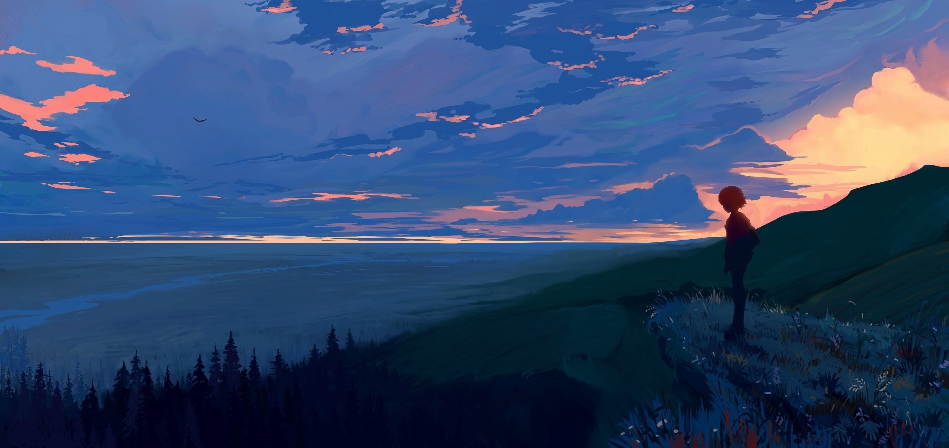 Artistic 4K Ultra HD PC desktop wallpaper depicting a solitary human figure standing on a hill, overlooking a vast landscape under a dramatic sunset sky.