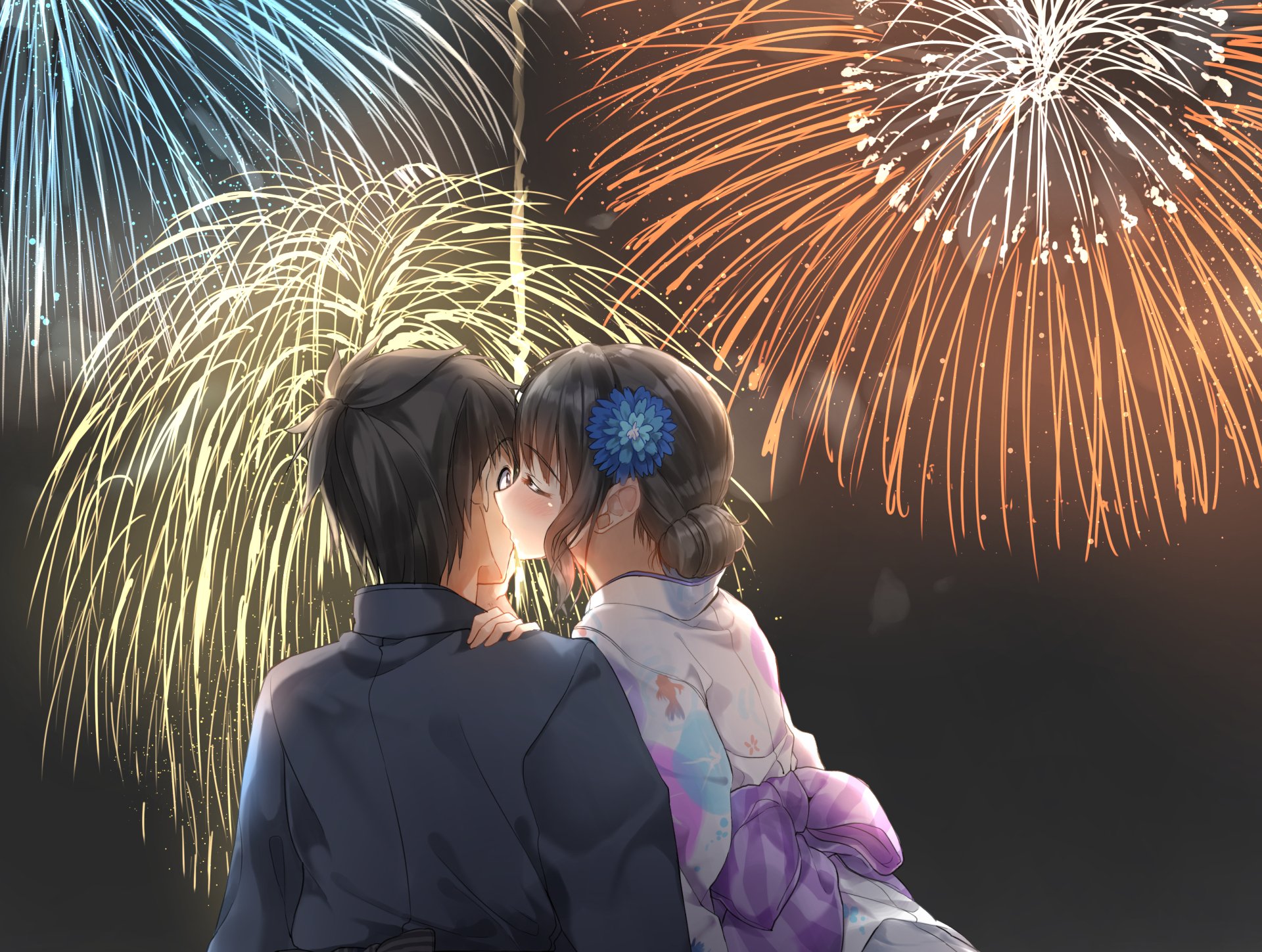 Download Couple Night Kiss Yukata Fireworks Anime Original Anime Couple Anime Night HD Wallpaper by ぺんたごん