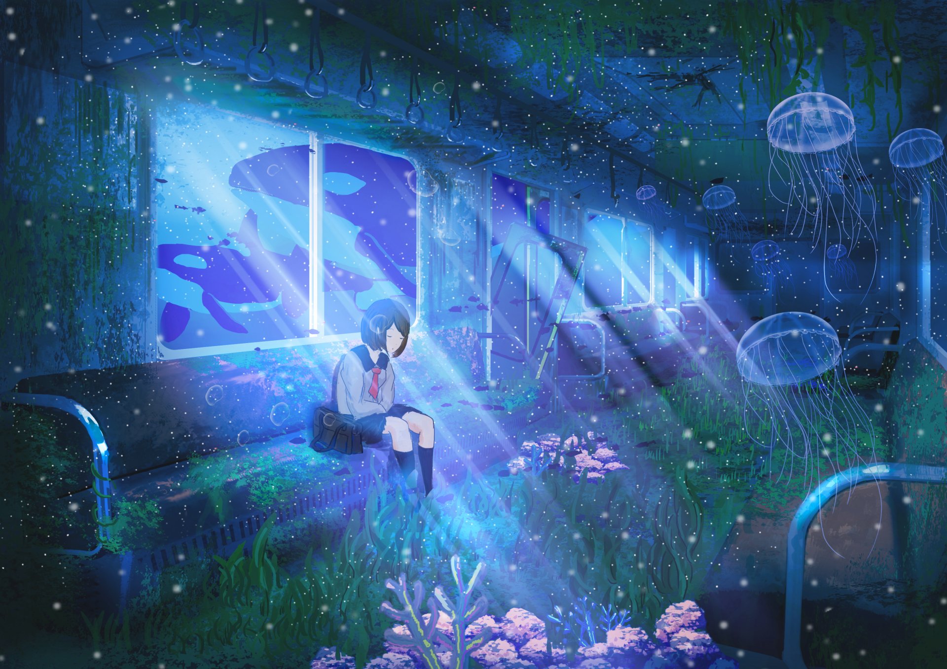 Anime-style HD desktop wallpaper featuring a girl in a school uniform sitting in an underwater train, surrounded by jellyfish and an orca visible through the window, creating a serene, mystical scene.