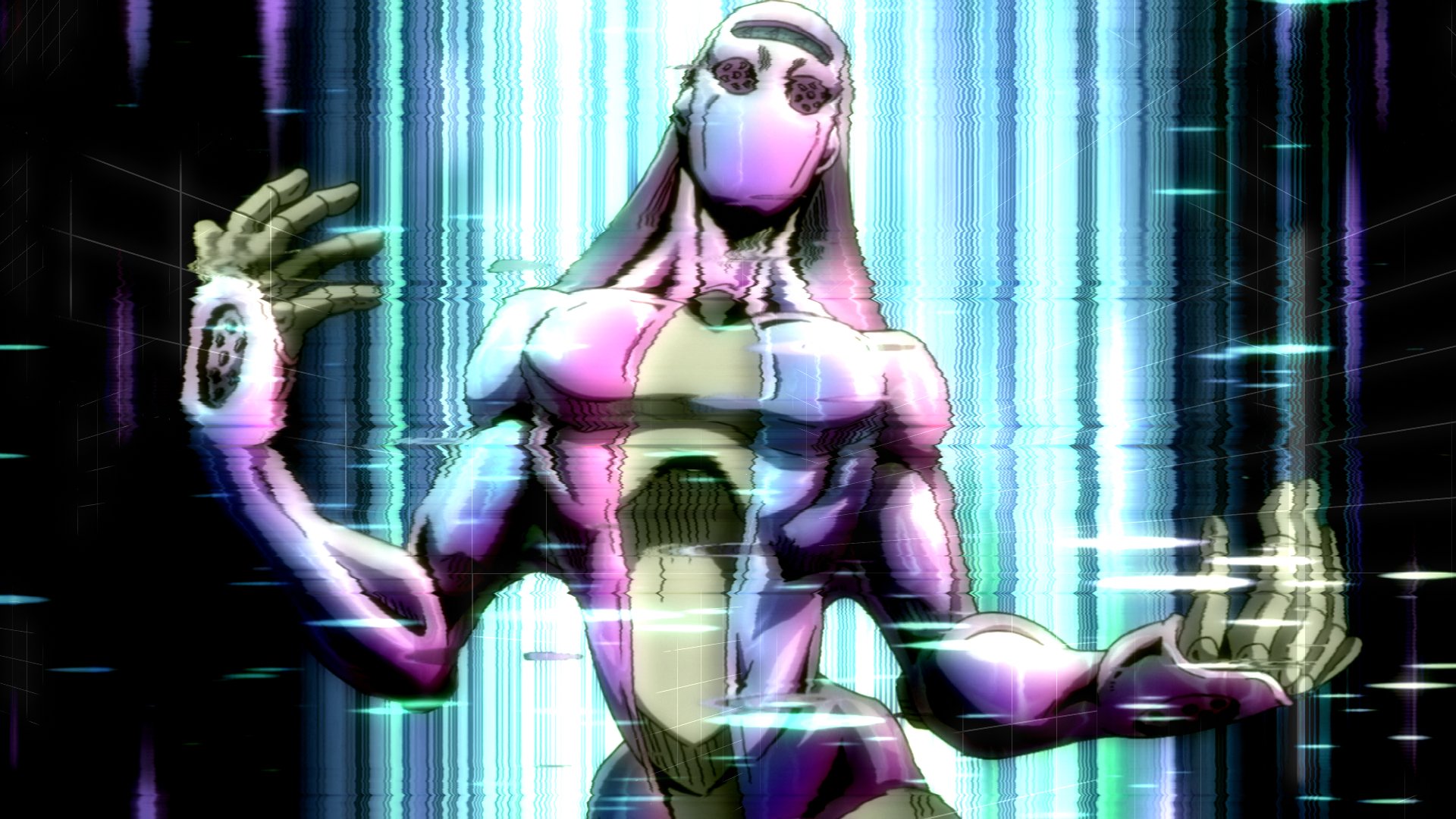 HD PC desktop wallpaper featuring a stylized, glitch-effect depiction of an anime character from JoJo's Bizarre Adventure with glowing neon accents.