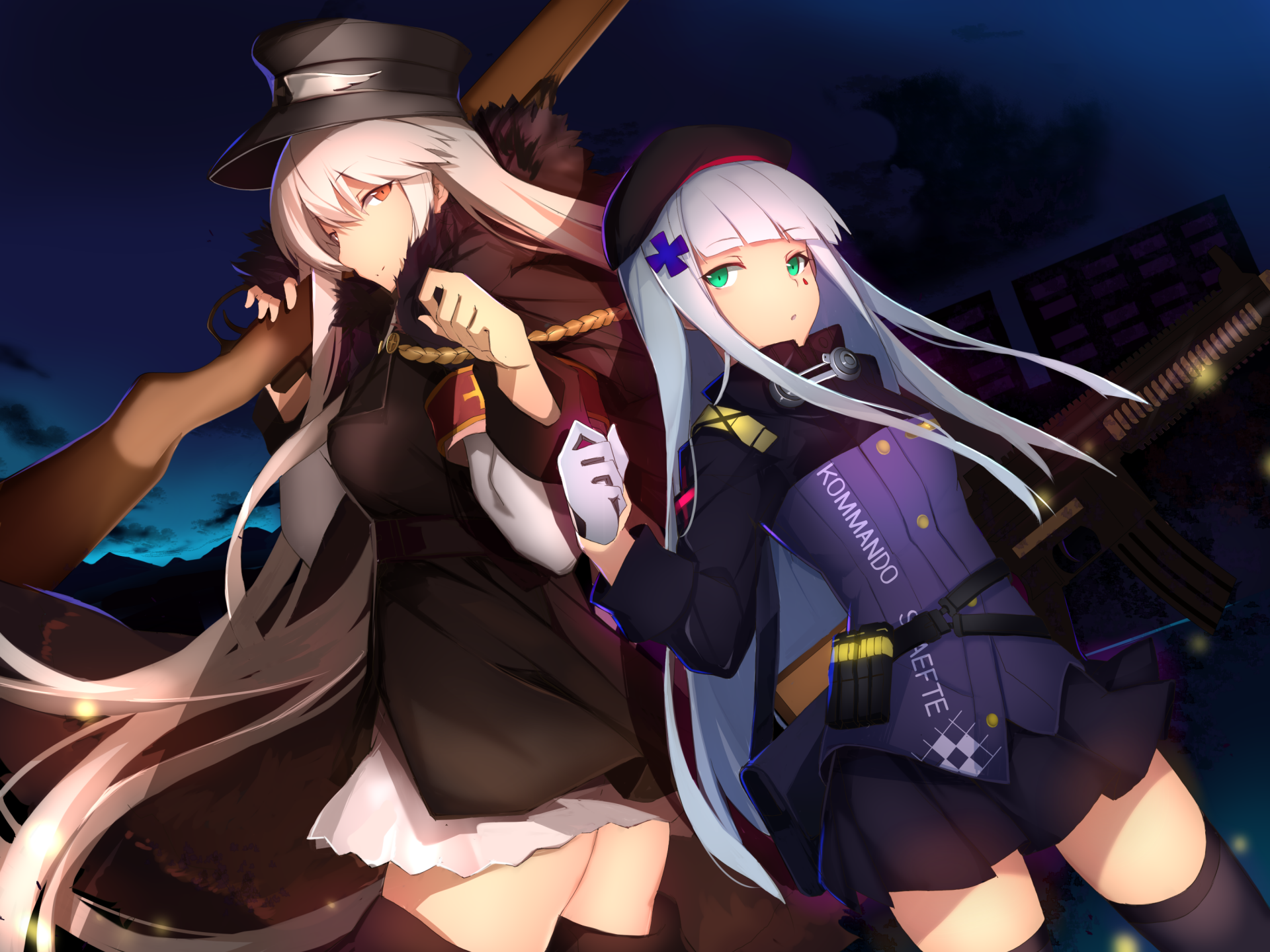 HD PC desktop wallpaper featuring HK416 and Kar98k characters from the video game Girls Frontline, set against a dark, atmospheric background.
