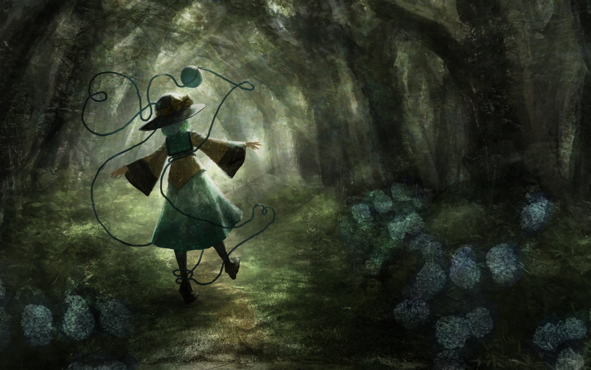 HD PC desktop wallpaper featuring Koishi Komeiji from Touhou, depicted in a dark, mystical forest with ethereal lighting and swirling tendrils.