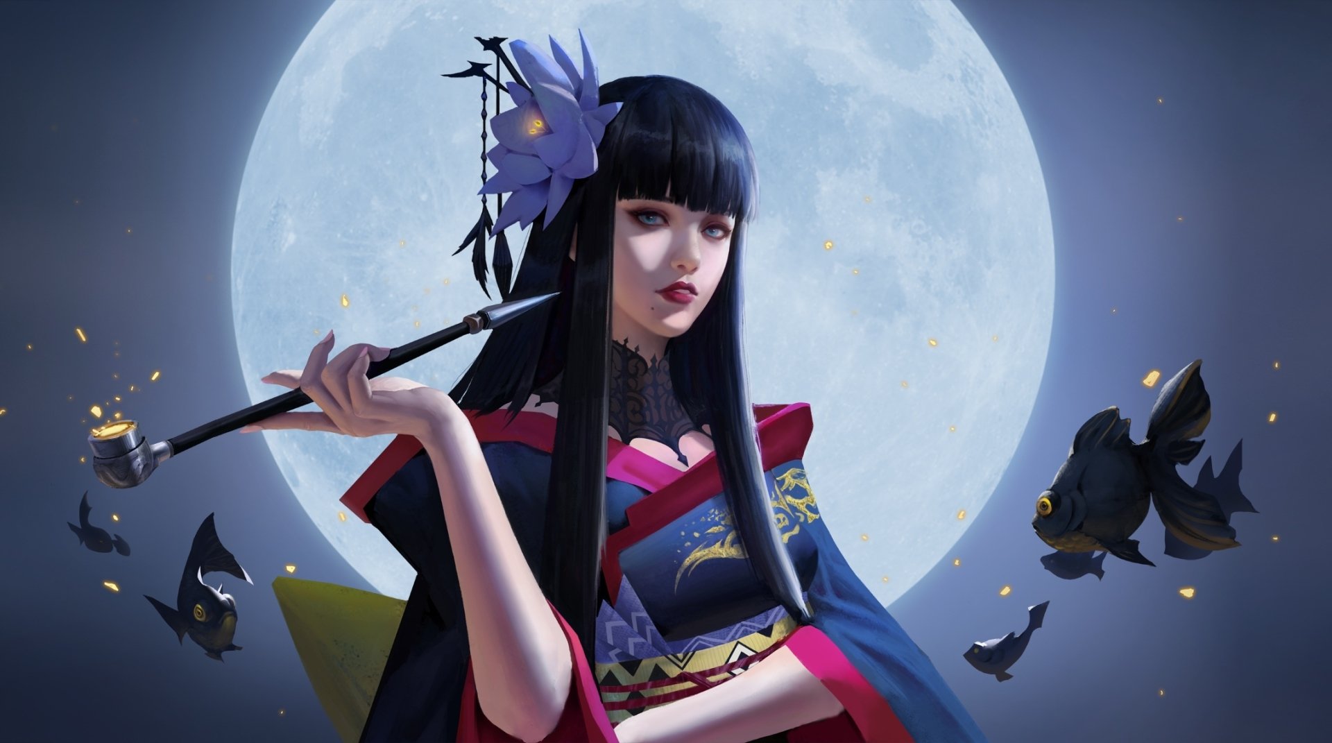 Download Lotus Kimono Full Moon Pipe Asian Fantasy Woman HD Wallpaper by anima-08