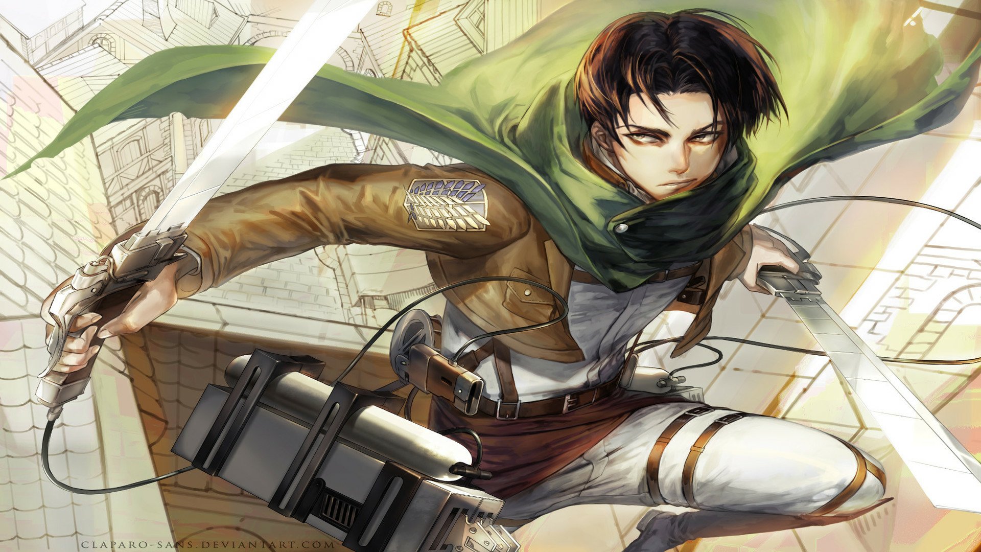 HD anime desktop wallpaper featuring Levi Ackerman from Attack on Titan in dynamic action pose with sword and Survey Corps uniform.
