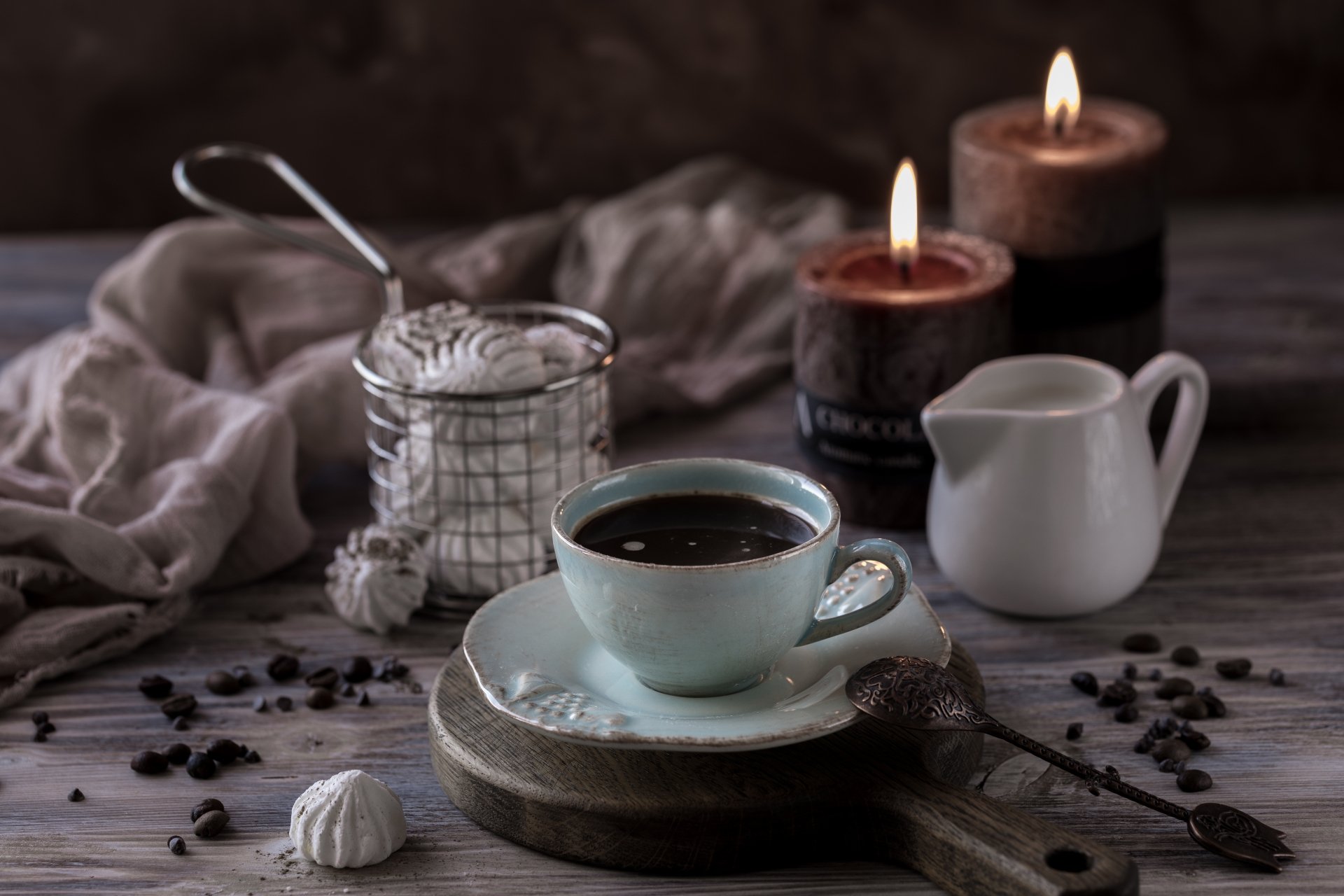 Download Drink Still Life Candle Meringue Cup Food Coffee 4k Ultra HD Wallpaper