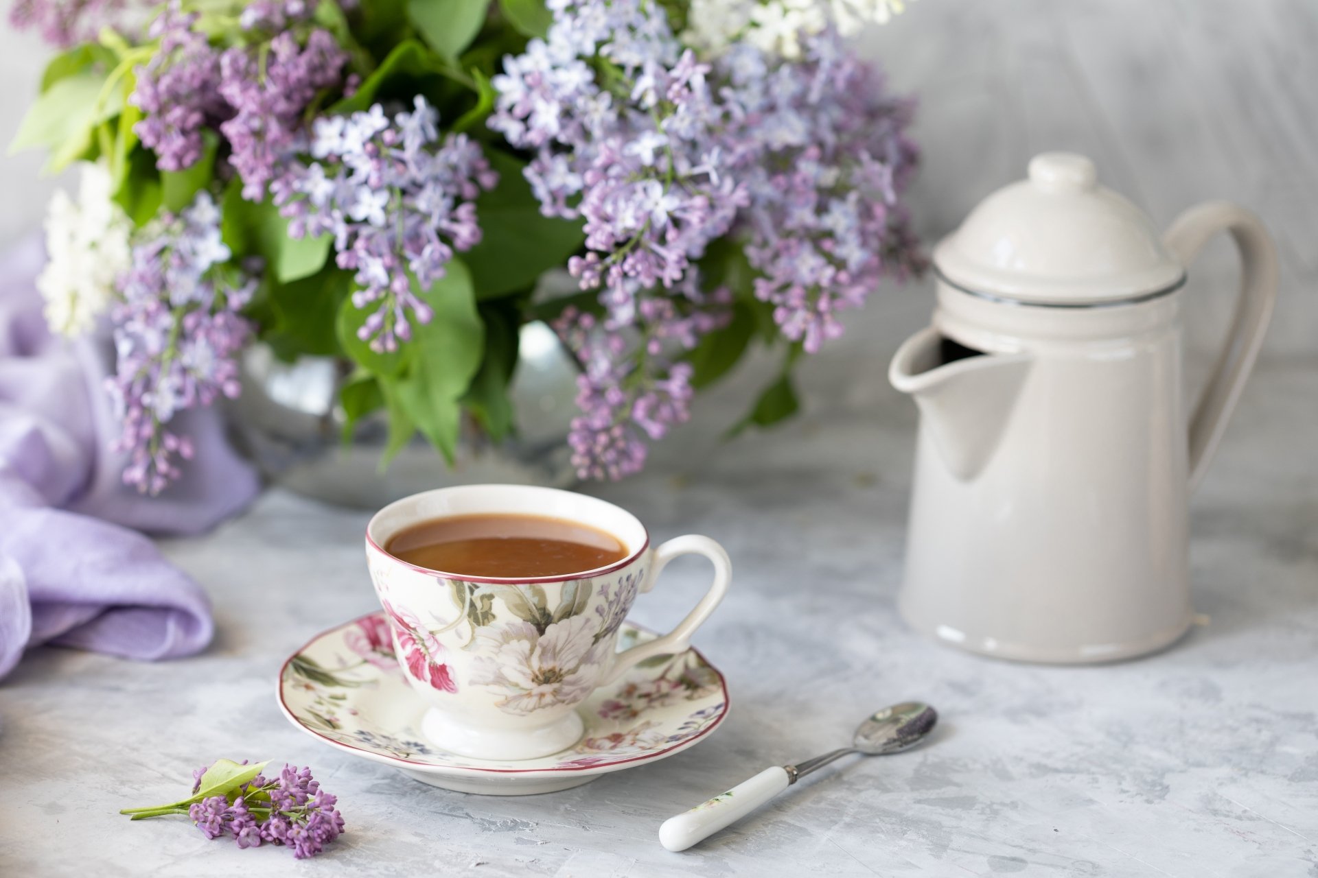 Download Still Life Lilac Cup Kettle Food Tea 4k Ultra HD Wallpaper