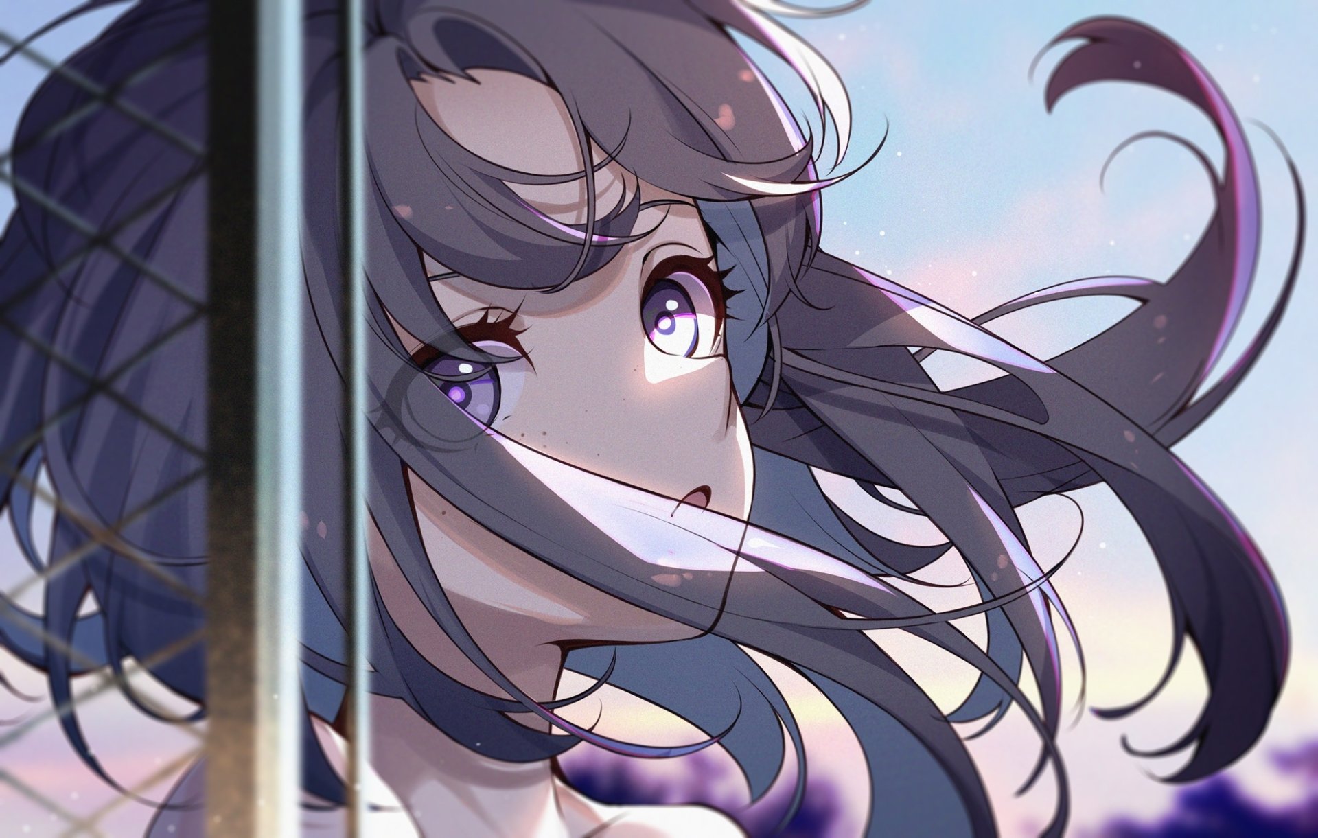 HD anime desktop wallpaper featuring an original character with flowing purple hair and striking purple eyes against a soft sky background.