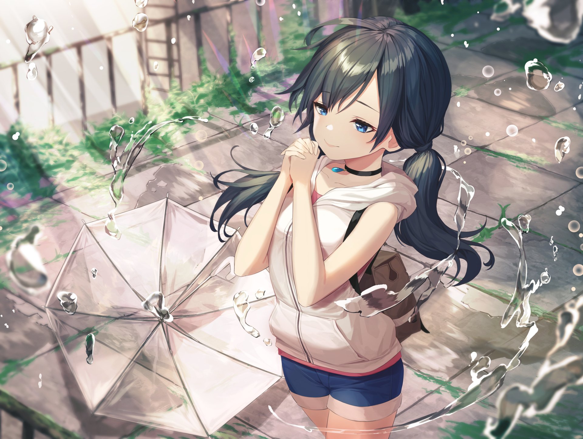 Anime-style illustration from Weathering with You, featuring a girl with dark hair and blue eyes standing on wet pavement beside a transparent umbrella, rendered in 4K Ultra HD.
