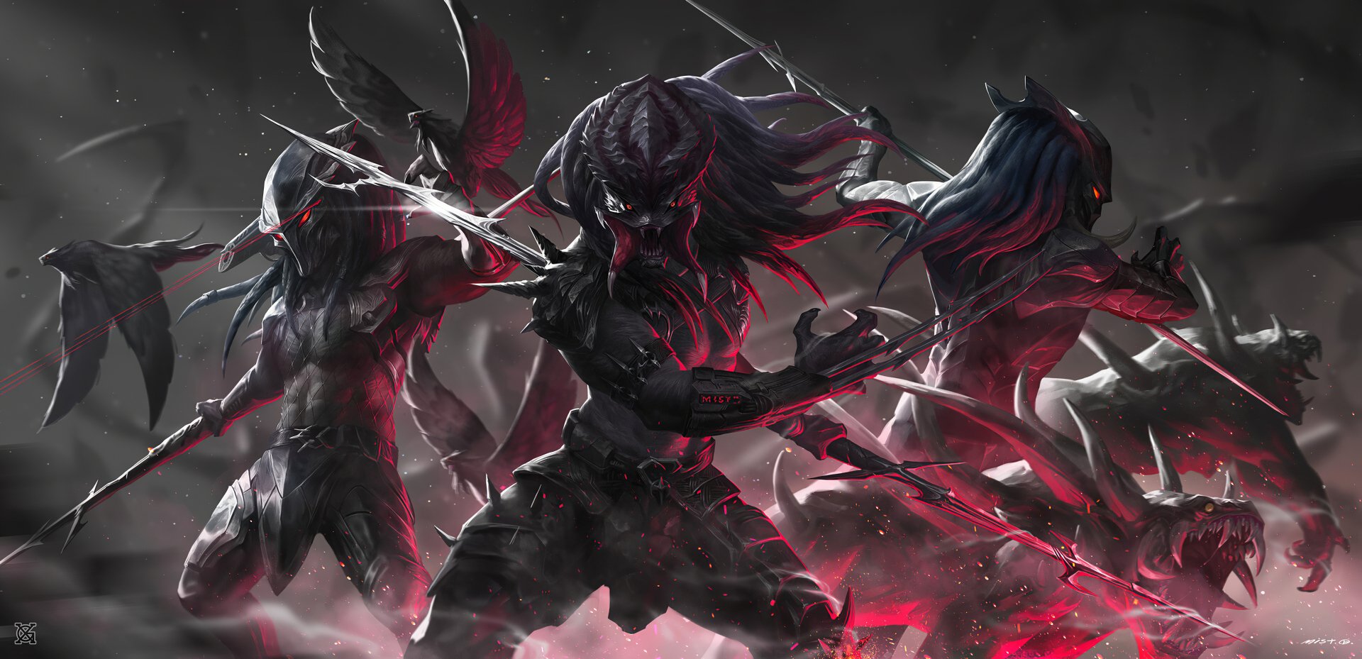 HD PC desktop wallpaper depicting fierce sci-fi Predators with glowing red accents amidst a smoky, dark battlefield.