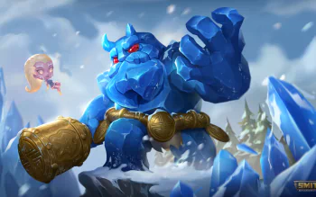 4K Ultra HD PC wallpaper of the Smite video game showing Ymir as a towering blue ice giant with a golden hammer amid snowy peaks, with Sol (Smite) portrait and icy shards.