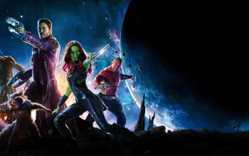 HD desktop wallpaper featuring Guardians of the Galaxy characters Star Lord, Drax, Groot, Rocket Raccoon, and Gamora against a cosmic backdrop. Tags: Chris Pratt, Zoe Saldana, Dave Bautista.