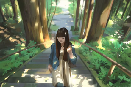 Anime-style original HD desktop wallpaper featuring a serene girl with long dark hair descending forest steps bathed in dappled sunlight.