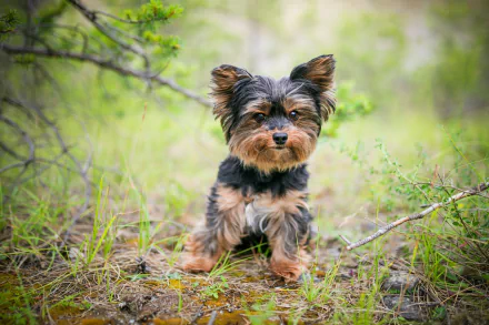 HD desktop wallpaper of a Yorkshire Terrier dog sitting in a natural outdoor setting with greenery in the background.