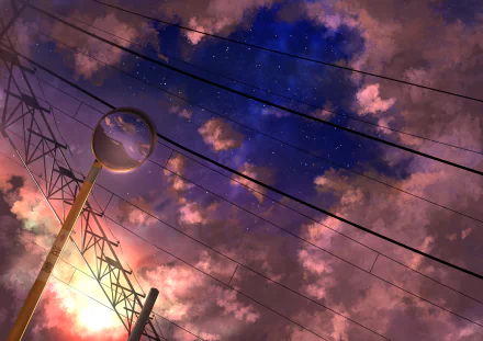 HD anime desktop wallpaper featuring a vibrant sunset sky with pink and purple clouds, power lines, and a reflective streetlamp, capturing an original anime sunset scene.
