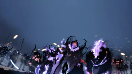 HD desktop wallpaper featuring Sung Jin-Woo from Solo Leveling, surrounded by dark, mystical creatures in a dramatic battle scene.