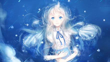 HD anime desktop wallpaper featuring Meiko Honma from Anohana, depicted with flowing white hair and bright blue eyes surrounded by soft blue hues and delicate flower petals.