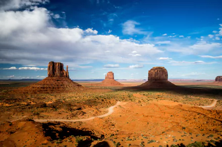 A vibrant 4K Ultra HD landscape of Monument Valley, USA, showcasing desert terrain under a partly cloudy sky.