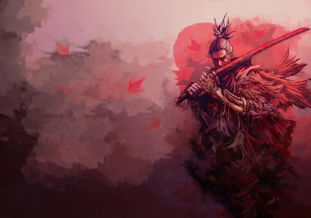 HD desktop wallpaper of Sekiro: Shadows Die Twice, featuring a warrior holding a red sword surrounded by falling leaves in a dark, moody atmosphere.
