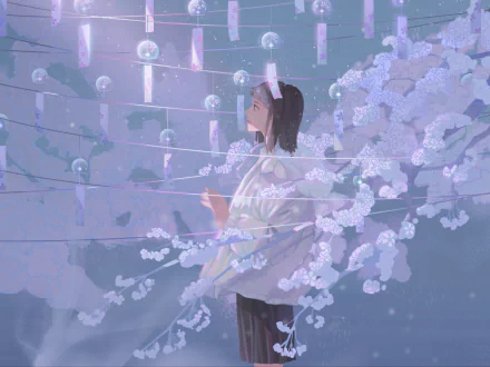 Anime-style original HD desktop wallpaper featuring a girl surrounded by glowing lanterns and delicate white blossoms in a serene, mystical atmosphere.
