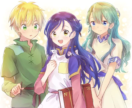 4K Ultra HD PC desktop wallpaper/background of Myne and Lutz from Ascendance of a Bookworm: Myne beams clutching books, flanked by Lutz and a green‑haired companion in bright anime style.
