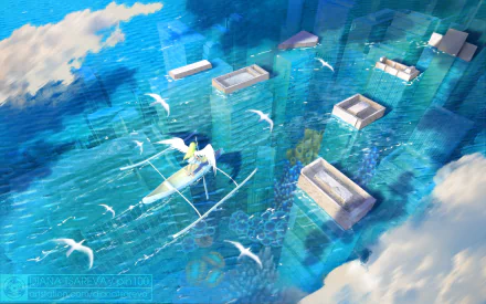 An anime-style depiction of a flooded city with towering buildings submerged in water. A boat with wings navigates the waters, surrounded by seagulls. This is a high-definition desktop wallpaper background.